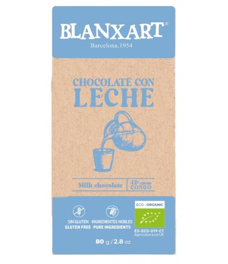 Czekolada mleczna 42% Kongo bezglutenowa BIO -  BLANXART 80 g