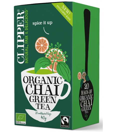 Herbata Zielona CHAI Z CYNAMONEM I KARDAMONEM FAIR TRADE BIO (20 x 2 g) - CLIPPER 40 g