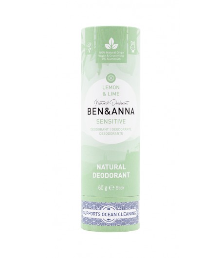 LEMON & LIME SENSITIVE Naturalny dezodorant bez sody - sztyft kartonowy - BEN&ANNA 40g