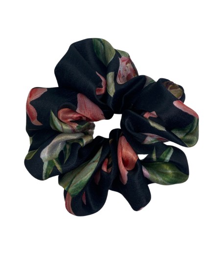 Satynowa scrunchie - black flowers - BoMoye